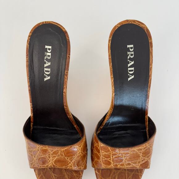 Prada Wedge Platform Clogs Heels Cognac Croc Leather Open-Toe Brown 38 (US 8) - Picture 8 of 13